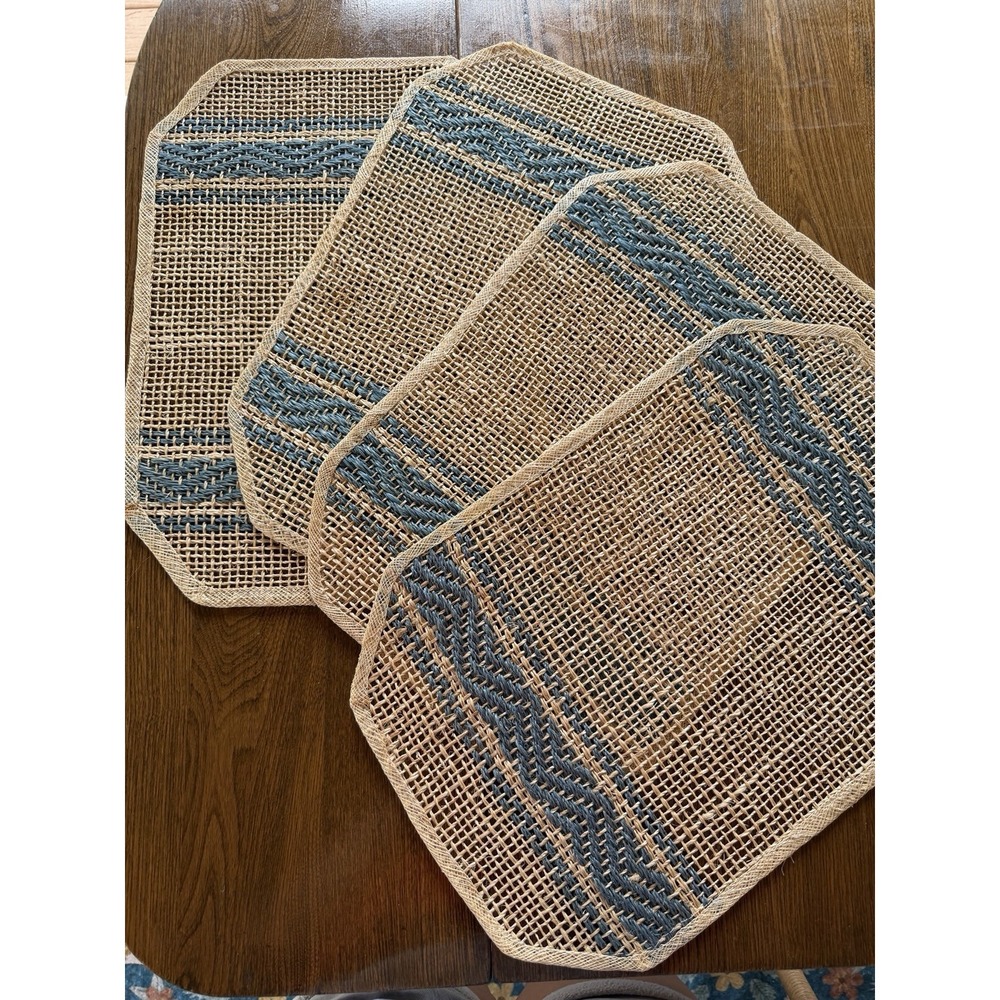 Vintage Abaca Fiber Placemats Set of 4 Blue Natural Zigzag Stripe Boho MCM